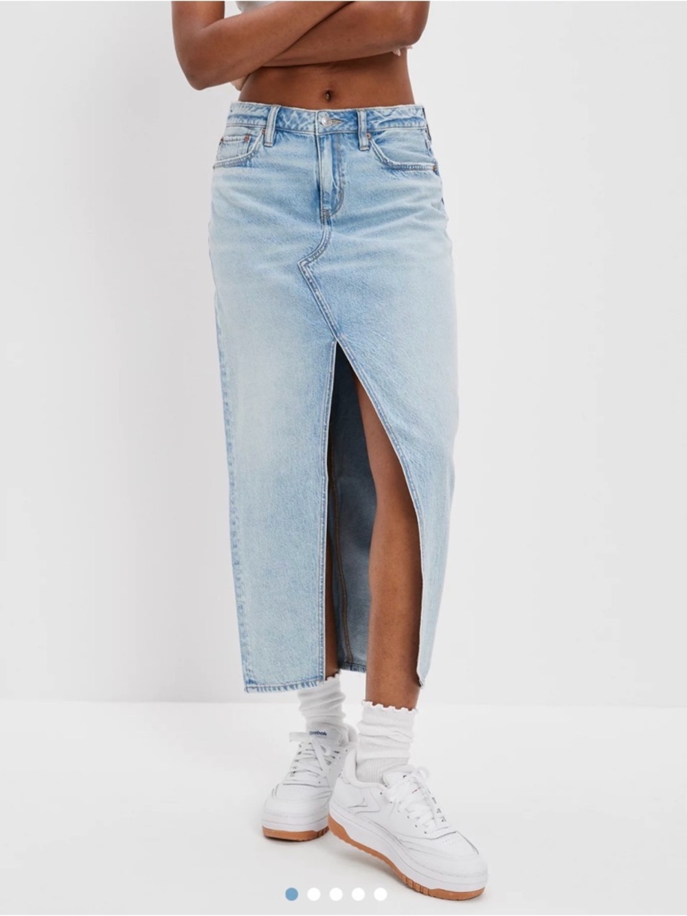 American Eagle Outfitters Light Blue Denim Midi Skirt with Front Slit